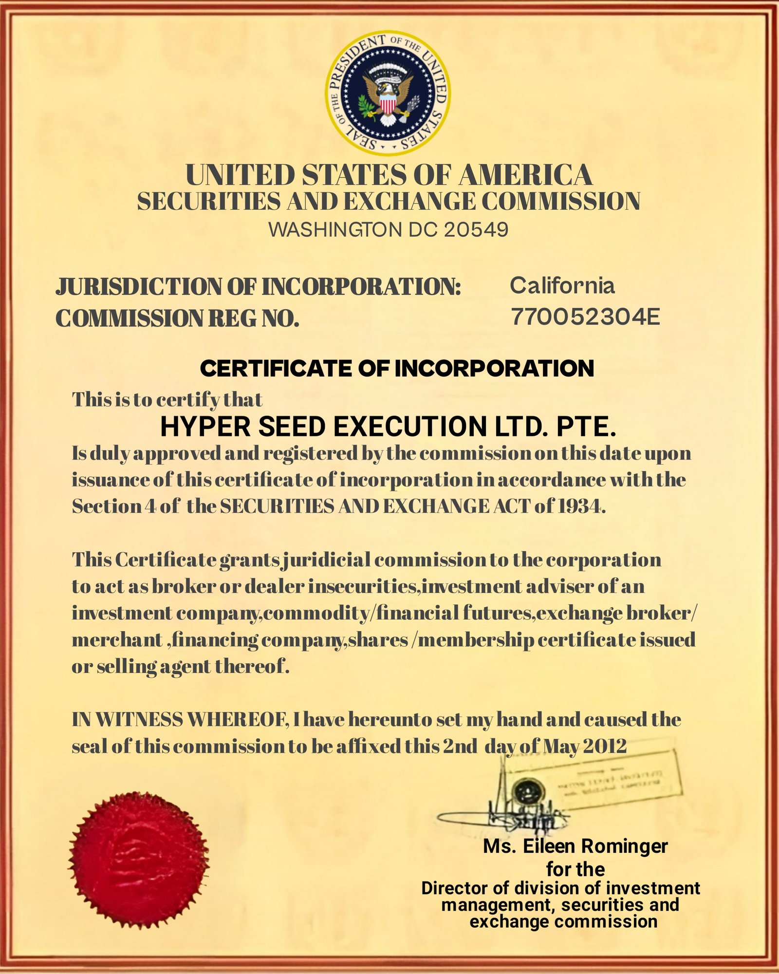 Hyper Seed Execution  certificate